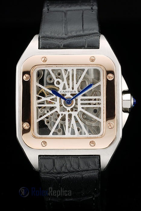Cartier replica santos skeletron acciaio rose gold strip leather orologio imitazione perfetta - immagine 2