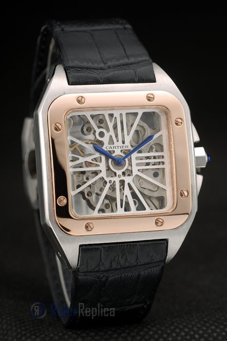 Cartier replica santos skeletron acciaio rose gold strip leather orologio imitazione perfetta - immagine 6