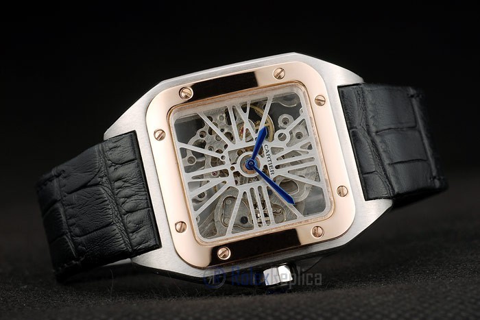 Cartier replica santos skeletron acciaio rose gold strip leather orologio imitazione perfetta - immagine 7