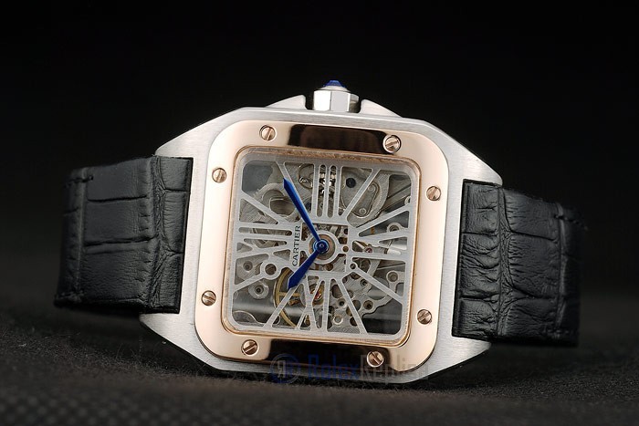 Cartier replica santos skeletron acciaio rose gold strip leather orologio imitazione perfetta - immagine 8