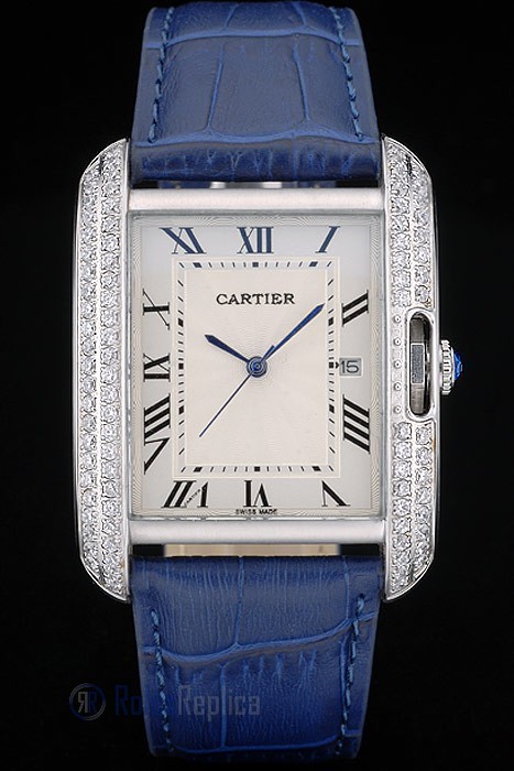 Cartier replica tank americaine acciaio brillantini bezel strip leather blu orologio imitazione perfetta - immagine 2