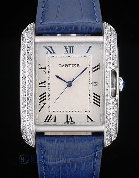 Cartier replica tank americaine acciaio brillantini bezel strip leather blu orologio imitazione perfetta
