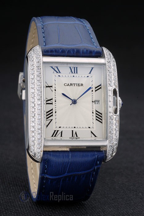 Cartier replica tank americaine acciaio brillantini bezel strip leather blu orologio imitazione perfetta - immagine 4