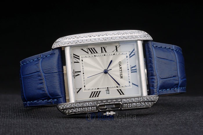 Cartier replica tank americaine acciaio brillantini bezel strip leather blu orologio imitazione perfetta - immagine 5