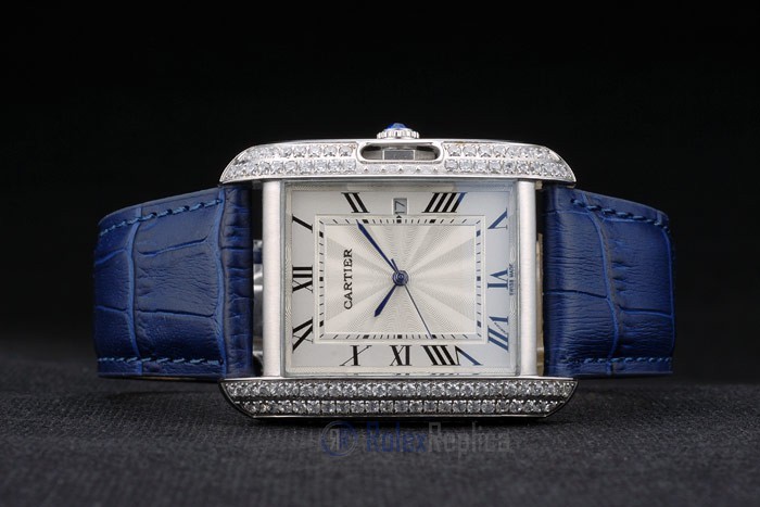 Cartier replica tank americaine acciaio brillantini bezel strip leather blu orologio imitazione perfetta - immagine 6