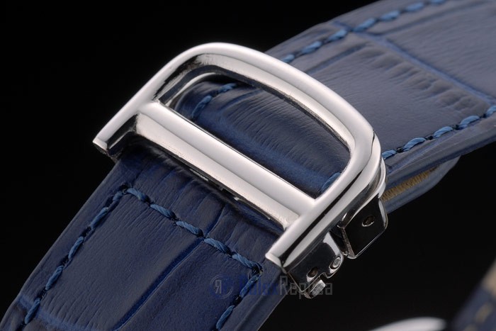 Cartier replica tank americaine acciaio brillantini bezel strip leather blu orologio imitazione perfetta - immagine 7