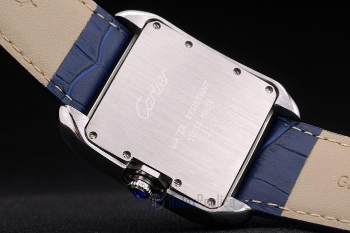 Cartier replica tank americaine acciaio brillantini bezel strip leather blu orologio imitazione perfetta - immagine 10