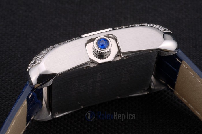 Cartier replica tank americaine acciaio brillantini bezel strip leather blu orologio imitazione perfetta - immagine 11
