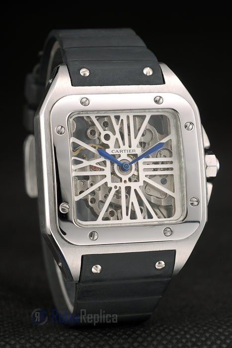 Cartier replica santos skeletron acciaio strip leather orologio imitazione perfetta - immagine 4